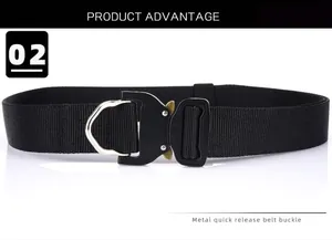 Detail of military tactical nylon belt featuring quick release metal buckle and silver D-ring
