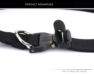 Detail of a tactical nylon belt featuring a black metal quick-release buckle with a D-ring