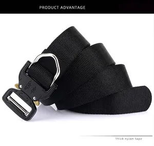 Detail of 3.8cm thick nylon tactical belt with heavy-duty metal quick-release buckle