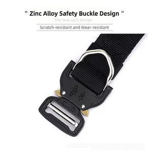 Close-up of zinc alloy safety buckle and D-ring on a black 3.8cm tactical nylon belt