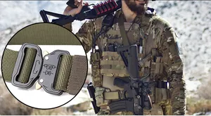 Detailed close-up of quick-release metal tactical buckle and heavy-duty nylon belt