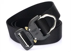 Tactical nylon belt detail with heavy duty quick release buckle and metal D-ring attachment
