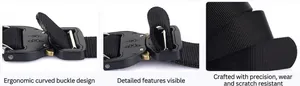 Detail of 3.8cm tactical nylon belt showing ergonomic metal buckle and durable webbing
