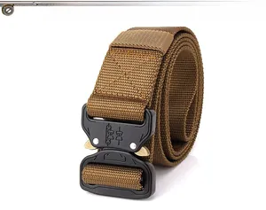 Detail of khaki nylon tactical belt with black quick-release metal buckle and side tabs