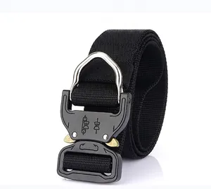 Detail of 3.8cm nylon tactical belt with heavy-duty metal quick release buckle and D-ring