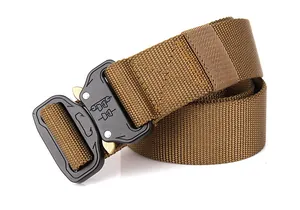 Detail of tan nylon tactical belt with quick-release black metal buckle and durable weave