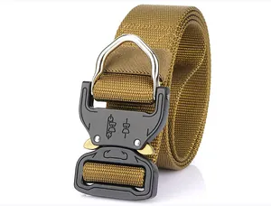 Close-up of tactical nylon belt with heavy duty metal quick release buckle and D-ring