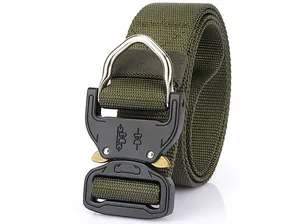Detail of army green tactical nylon belt with metal quick-release buckle and D-ring