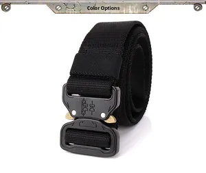 Close-up of quick-release metal buckle and durable black nylon tactical utility belt