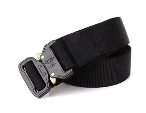 Detail of a black nylon tactical belt featuring a quick-release metal buckle on white background