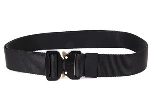 Close-up of quick release metal buckle and durable nylon tactical belt strap