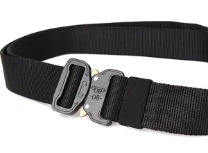 Close-up of quick-release metal buckle and durable nylon tactical belt webbing