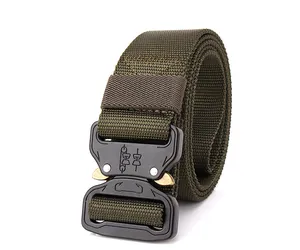 Detailed close-up of quick-release metal buckle and army green nylon tactical belt strap