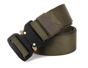 Detail of army green nylon tactical belt with metal quick-release buckle on white background