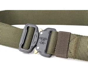 Detail of army green nylon tactical belt with black heavy-duty quick release metal buckle