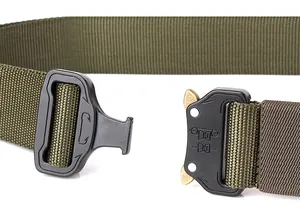 Detail of military green tactical belt featuring black metal quick-release buckle mechanism