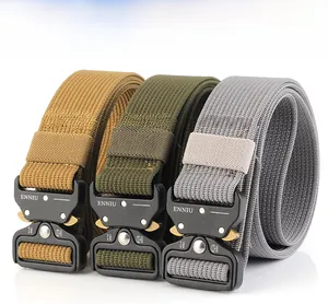 Nylon tactical belts in khaki, army green, and gray with heavy-duty metal buckles