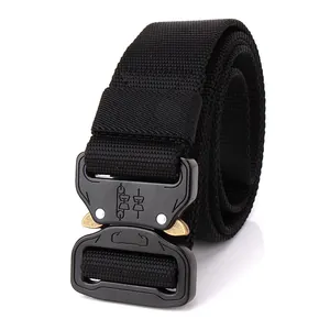 Tactical black nylon belt featuring a quick-release metal buckle on a white background