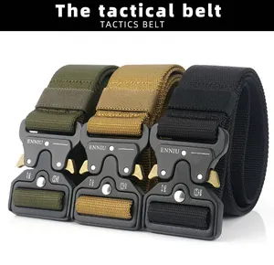 Detail of heavy-duty nylon tactical belts in green, brown, and black with zinc alloy buckles