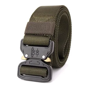 Army green tactical nylon belt with quick release metal buckle on a white background