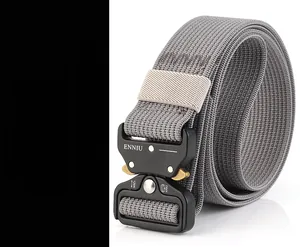 Detail of tactical nylon belt featuring heavy-duty quick release metal buckle and 24kN tensile strength