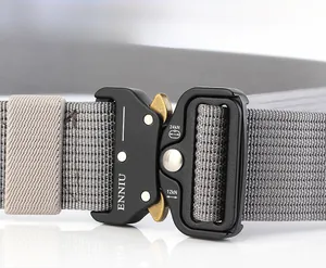 Close-up of grey tactical nylon belt featuring a quick-release metal buckle with 24kN rating