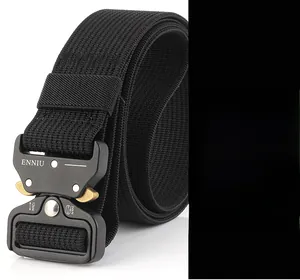 Detail of a black tactical nylon belt featuring a quick-release metal buckle and 24kN tensile strength