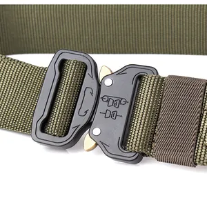 Detail of army green nylon tactical belt with a black quick-release metal buckle closure
