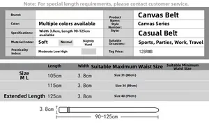 Size chart for nylon canvas belt showing widths of 3.8cm and lengths from 105cm to 125cm
