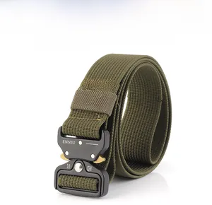 Close-up of military green nylon tactical belt with quick-release 12kN metal buckle