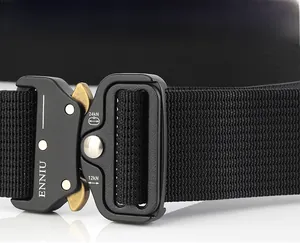 Detail of a tactical belt buckle with quick-release metal buckle and heavy-duty canvas