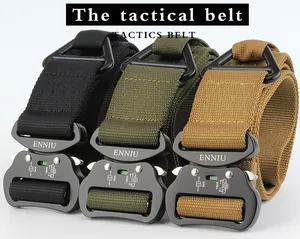 Tactical nylon belts in black, olive green, and coyote brown with metal quick-release buckles