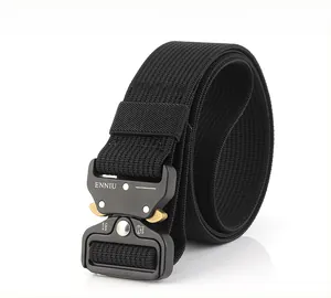 Detail of metal tactical buckle with tension parameters on durable nylon webbing strap