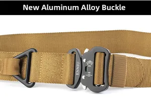 Detail of aluminum alloy quick-release buckle and nylon webbing on tactical belt