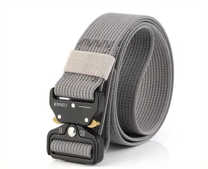 Detailed close-up of grey tactical belt with 12kN/24kN quick-release alloy buckle