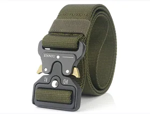 Detail of army green nylon tactical belt with black 24kN heavy duty alloy buckle