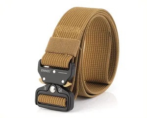 Detail of heavy-duty nylon tactical belt with metal quick-release buckle and 12kN/24kN specs