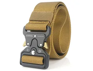 Close-up of khaki tactical nylon belt with ENNIU 24kN alloy quick-release buckle
