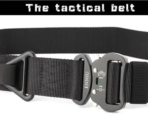 Close-up of tactical belt aviation aluminum buckle with D-ring and durable nylon strap