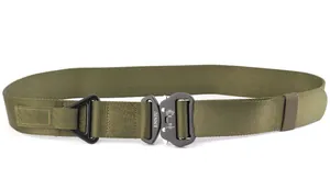 Close-up of military green tactical belt with black 10kN quick release metal buckle