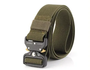 Detail of heavy-duty nylon tactical belt with durable metal quick-release buckle