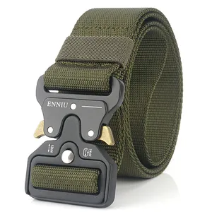 Detail of army green tactical nylon belt featuring heavy-duty black alloy quick-release buckle