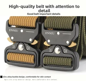 Close-up of zinc alloy quick-release buckle and heavy-duty nylon tactical belt