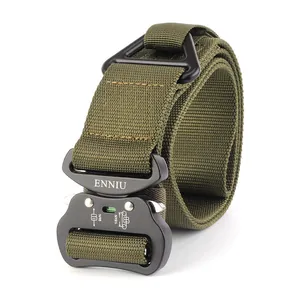 Detail of army green nylon tactical belt with matte black quick-release metal buckle