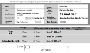Detailed size chart for nylon canvas belt showing length and waist measurements