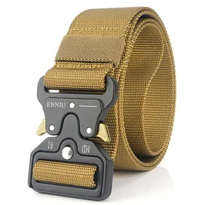Men's tactical nylon belt with quick-release metal buckle in khaki military style