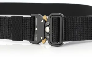 Detail of nylon tactical belt featuring 304 stainless steel buckle and quick release