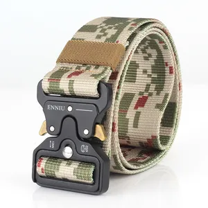Detailed macro of tactical nylon belt with digital camouflage and heavy-duty metal buckle