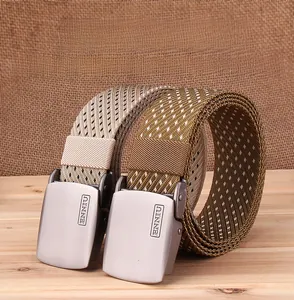 Close-up of tactical nylon belts with zinc alloy brushed metal buckle and woven texture