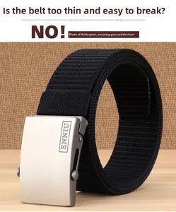 Detailed view of thick black nylon webbing belt with matte silver automatic buckle